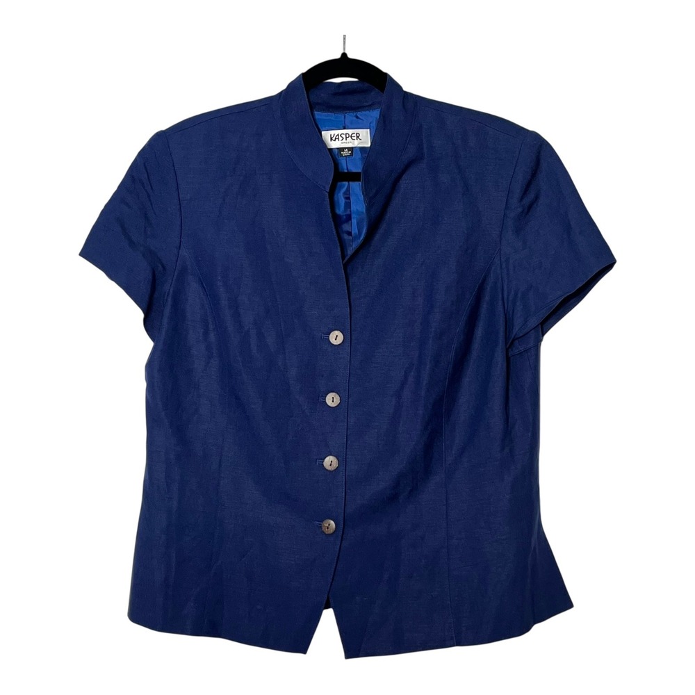 Kasper Womens Navy Blue Linen Blend Short Sleeve Blazer Jacket Tie Back Size 14